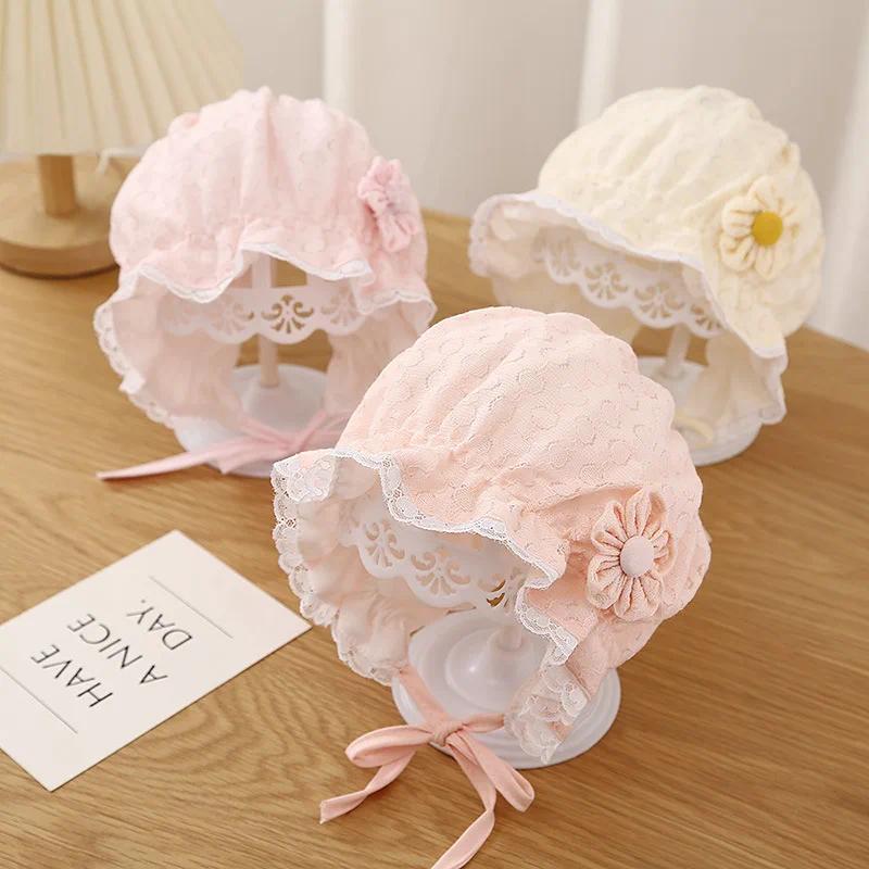 Gorro Para Bebê Recém-Nascido Com Flor De Renda , Chapéu De Princesa Meninas Babados , Boné De Verão , Malha Respirável