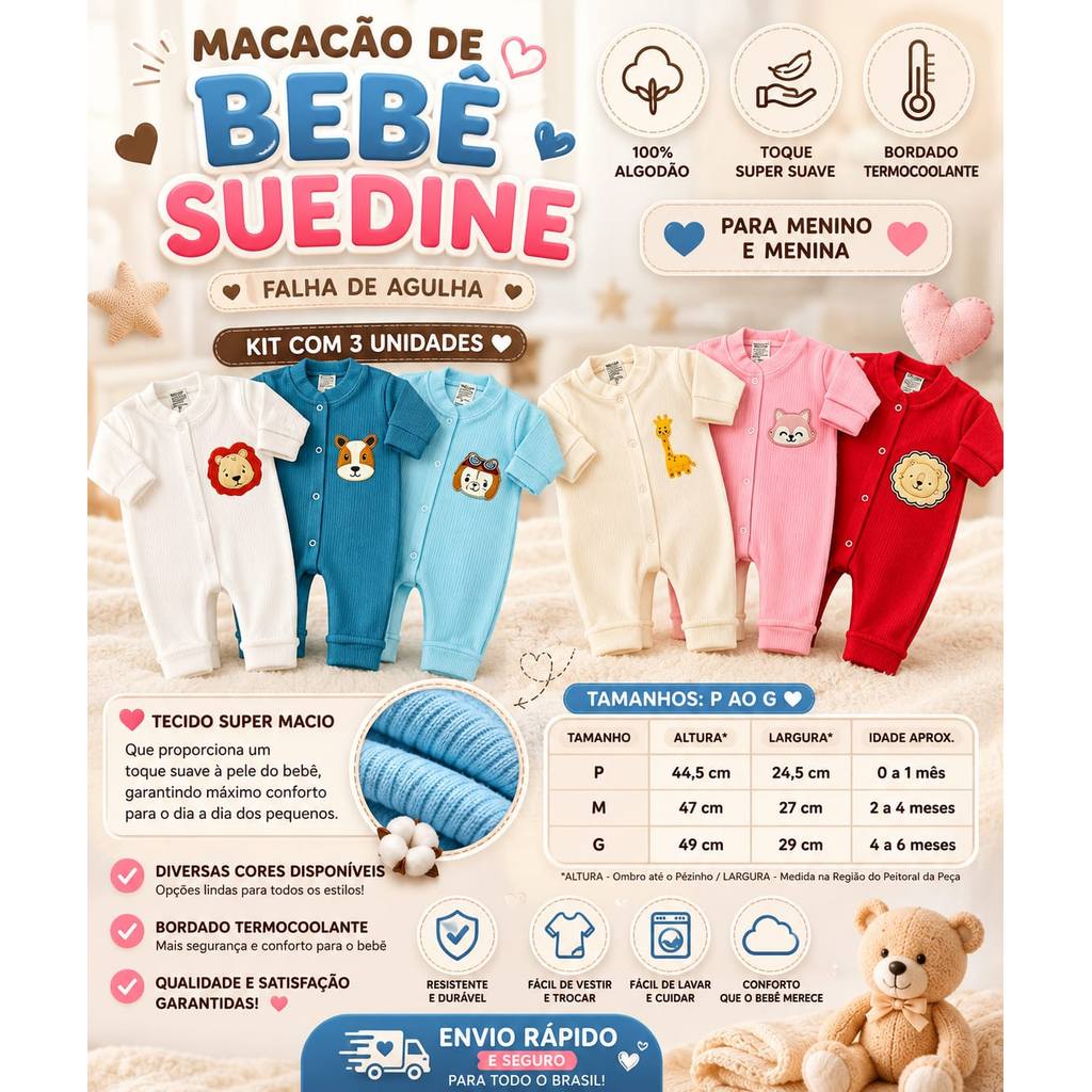 Kit C/3 - Macacão De Bebê 100% Algodão Suedine Falha de Agulha Estampado Menino e Menina