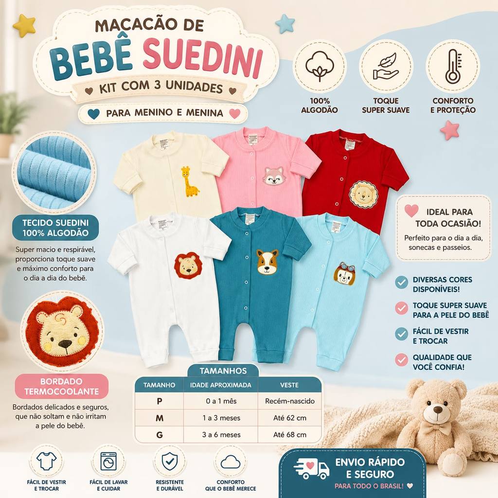 Kit C/3 - Macacão De Bebê 100% Algodão Suedine Falha de Agulha Estampado Menino e Menina