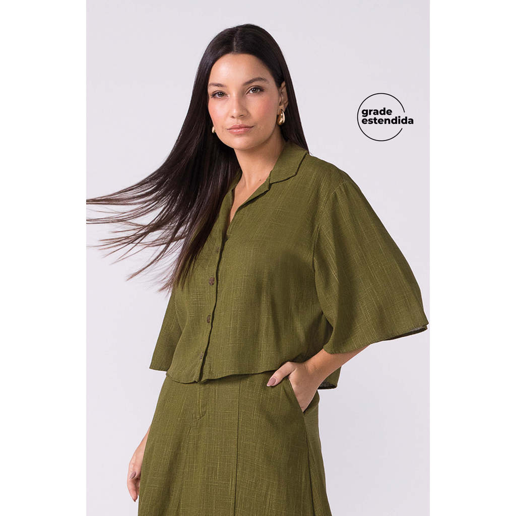 Camisa Feminina Manga Ampla Viscolinho Marialícia Verde