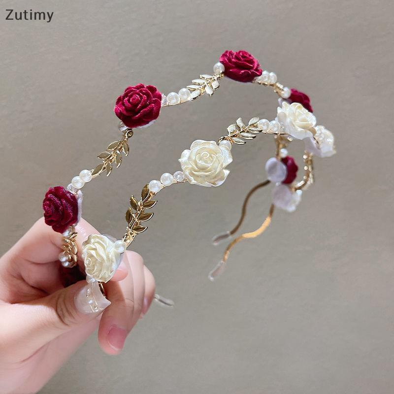 [Zutimy] Feminino Elegante Rosa Videira Cabelo Acessórios Cocar Meninas Flor De Metal Vintage Pérola Vermelho Branco Tia