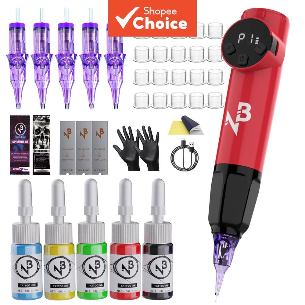Caneta de tatuagem vermelha sem fio recarregável kit completo de tatuagem para iniciantes com tintas e agulhas