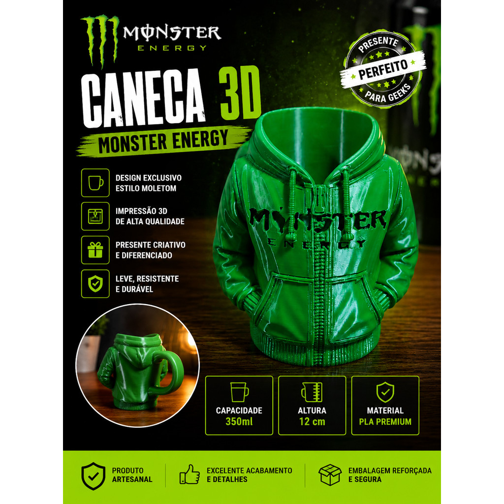 Caneca Monster Energy 3D Personalizada Com Alça Porta Lata Estilo Moletom