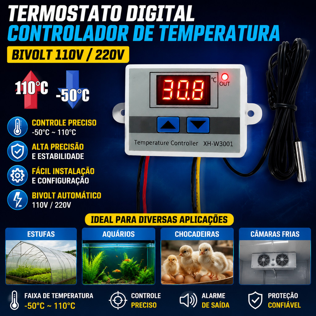 Termostato Digital Controlador De Temperatura Regulador Bivolt 110/220V - Para Estufa E Aquário Sensor