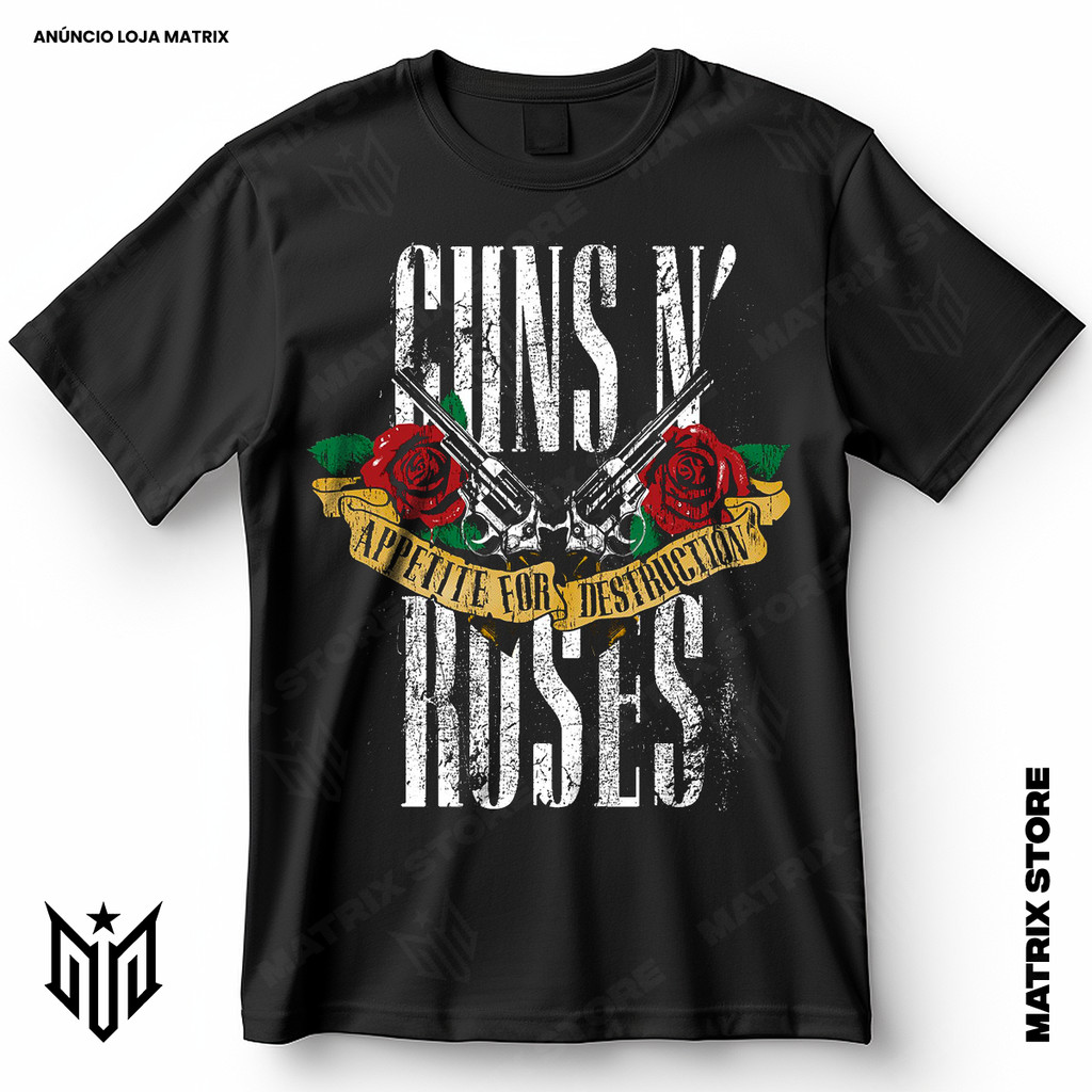 Camisa Guns N Roses Appetite For Destruction Rock & Roll Blusa Camiseta de Rock 100% Algodão em Oferta na Shopee