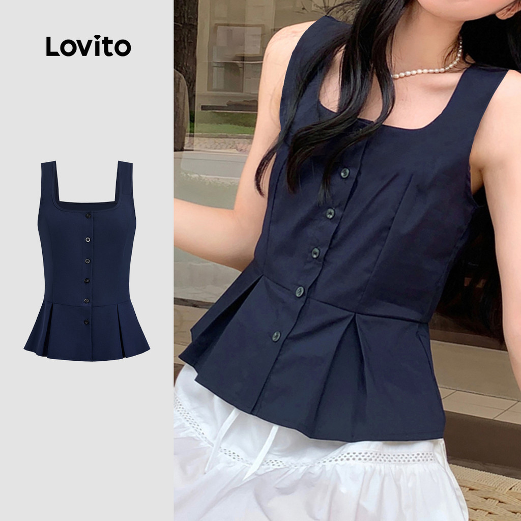 (New) Lovito Blusa Casual com Botão Superior Babado Na Bainha Outono/inverno Azul-marinho para mulheres L151AD436 em Oferta na Shopee