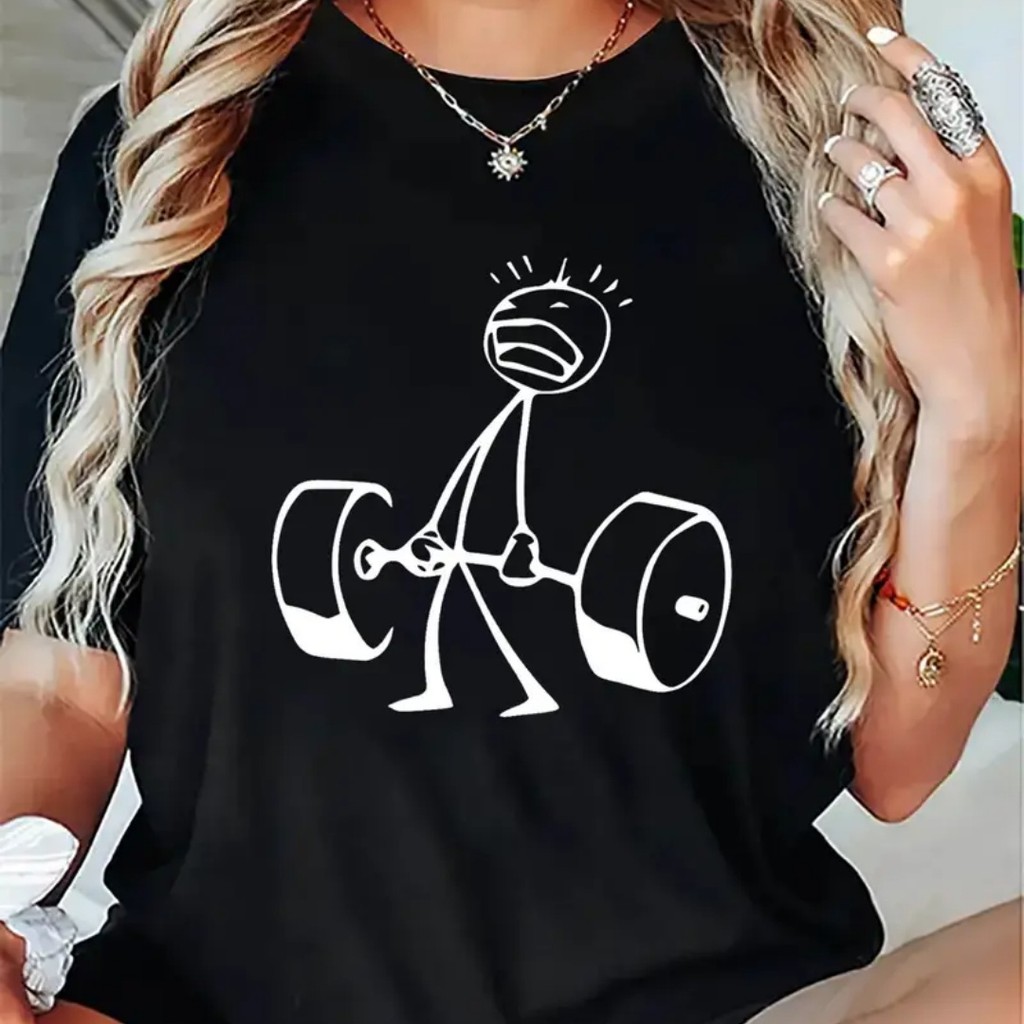 Camiseta de Verão Feminina com Manga Curta - Camiseta Branca com Estampa Gráfica e Desenho de Haltere para Ginásio