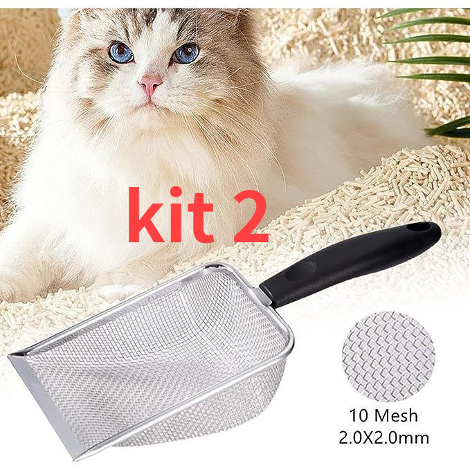 KIT 2 Pá Higiênica De Areia para Gatos Peneira Coletora Aço Inox JJ