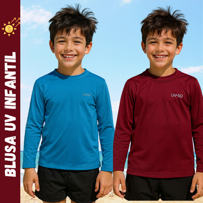 Camisa Blusa UV Infantil Térmica Blusa Manga Longa de Proteção Solar para Menino- Moda Praia