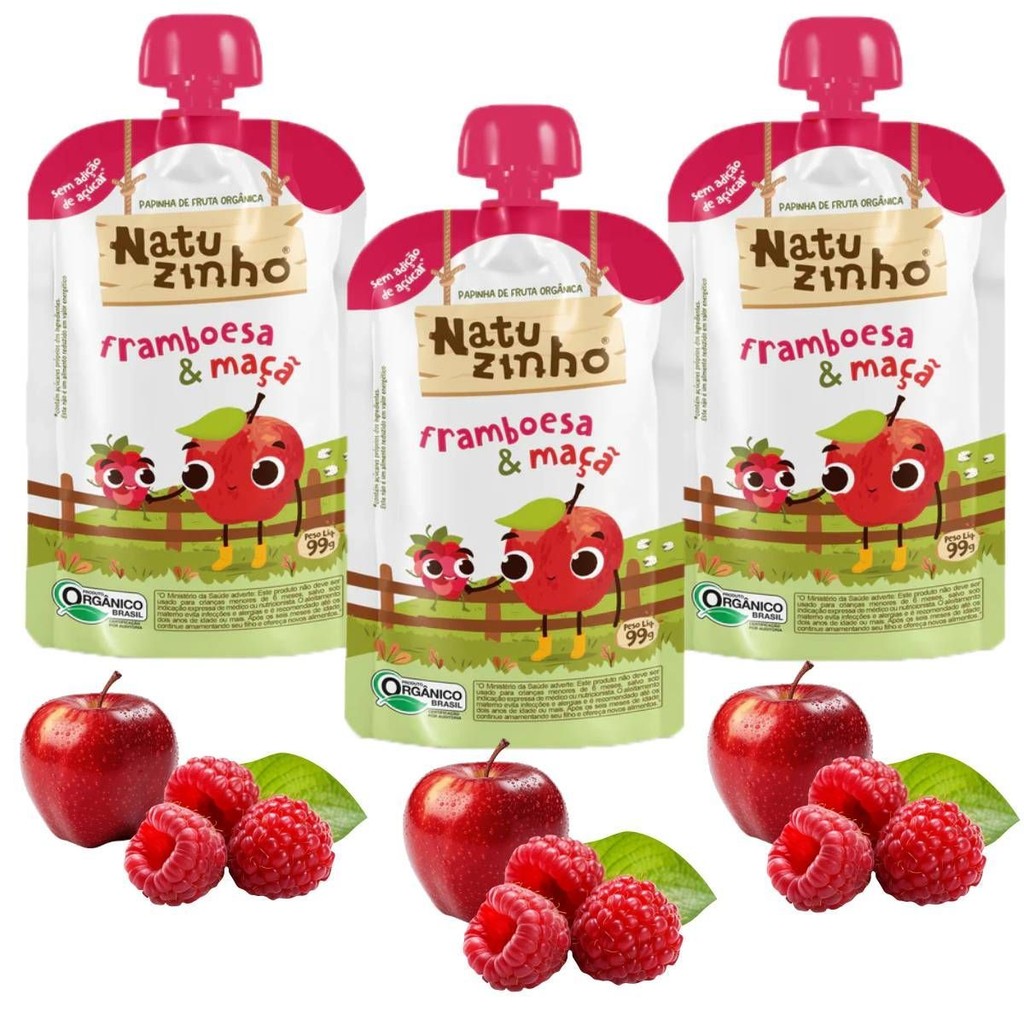 3 Papinha Framboesa e Maça para Bebe +6 Sem Açúcar Natuzinho 99g