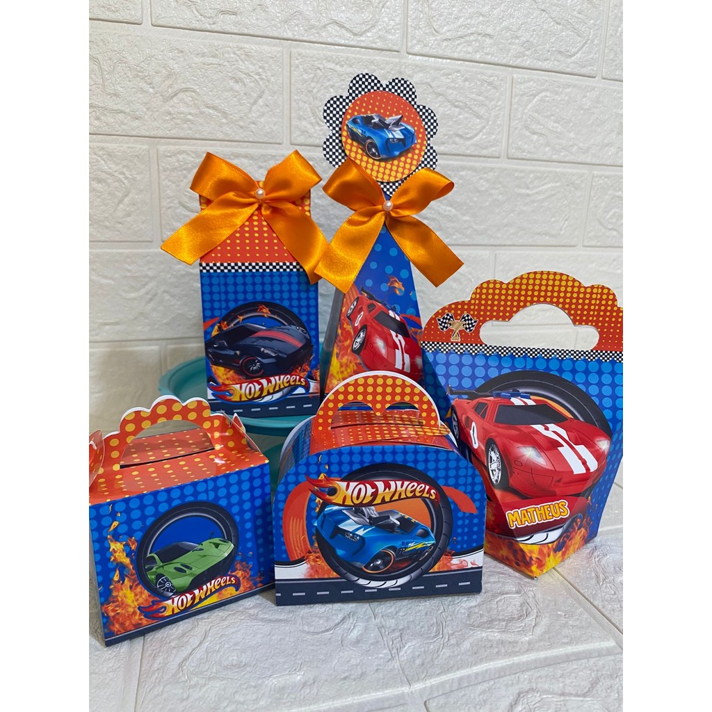 Caixinha Personalizada Tema Carrinho de Corrida - Kit Lembrancinha Festa Infantil Pegue e Monte Hot Wheels