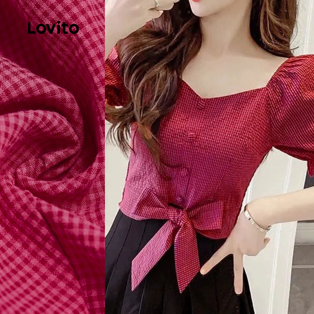 Lovito Blusa Casual com Laço Na Frente para Primavera/verão Blusa Vermelha Rosada para Mulheres L143ED498