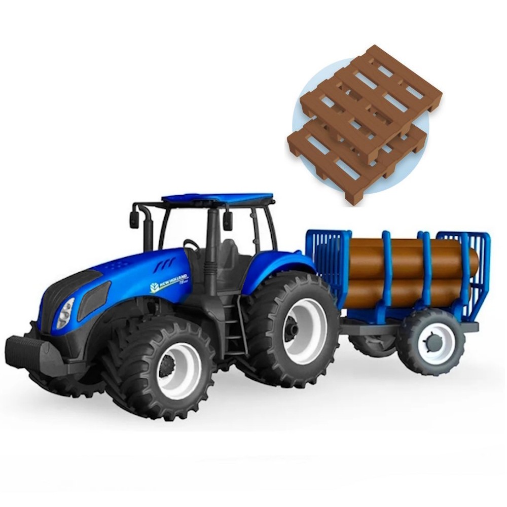 Trator azul de Brinquedo Realista New Holland com Carretinha Carga de Madeira Toras