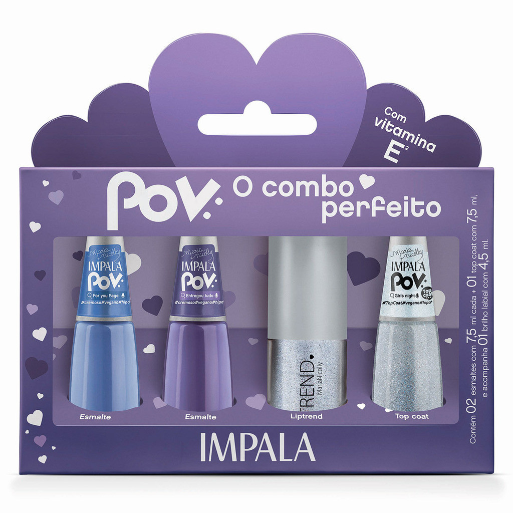 Kit Maria Nicolly 2 Esmaltes 1 Gloss Labial 1 Top Coat Coleção POV Impala