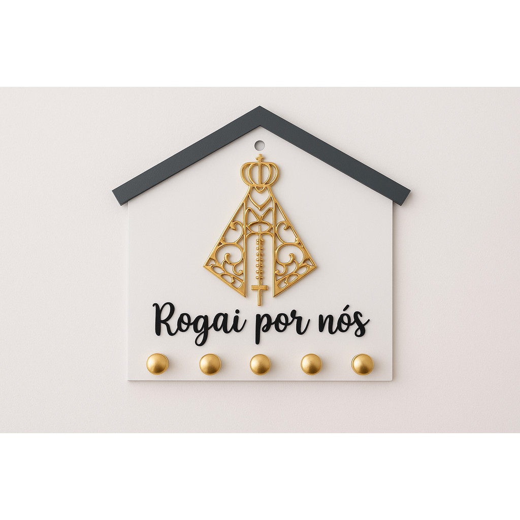 Porta Chaves Decorativo Nossa Senhora Rogai por nós_ ACM e acrilíco_Branco e Dourado