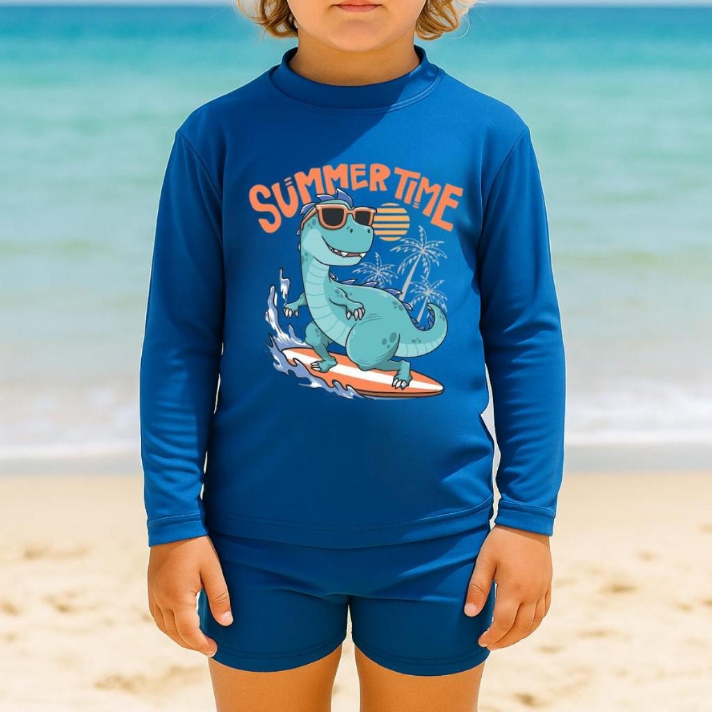 Camisa Uv Infantil Dinossauro Summer time Manga Longa Proteção Térmica
