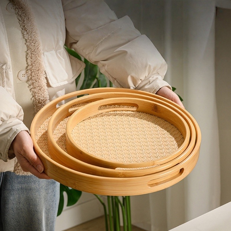Bandeja Redonda de Bambu Japonesa para Xícaras, Sobremesas e Frutas em Oferta na Shopee