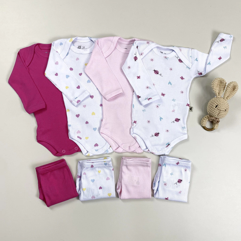 Kit Conjunto Canelado Bebê Menina Enxoval 8 Peças Body Manga Longa e Calça Algodão Antialérgico