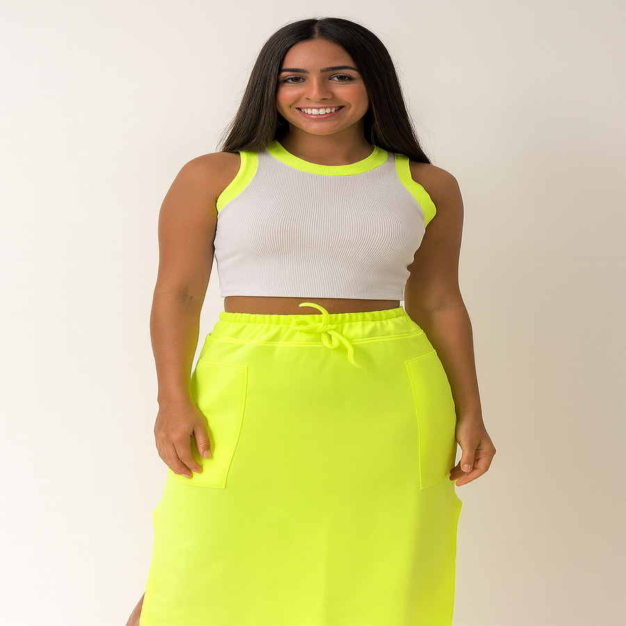Conjunto Feminino Matriz Cropped Ribana Bicolor + Saia Midi Fenda
