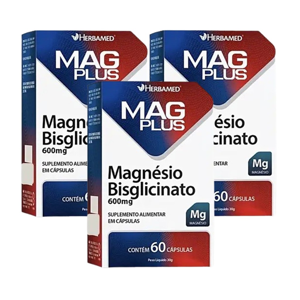 Kit 3 Mag Plus Magnésio Bisglicinato 600mg 60 Cáps -Herbamed