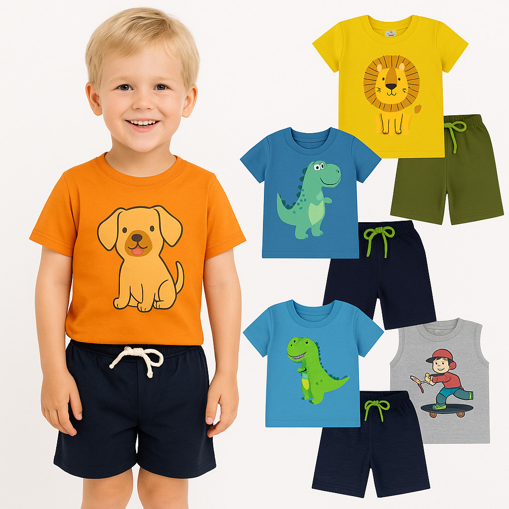kit 6 peças de Roupa Infantil Masculino Verão - Conjunto Infantil Menino - 3 Camisa e 3 Bermuda- Sortidos
