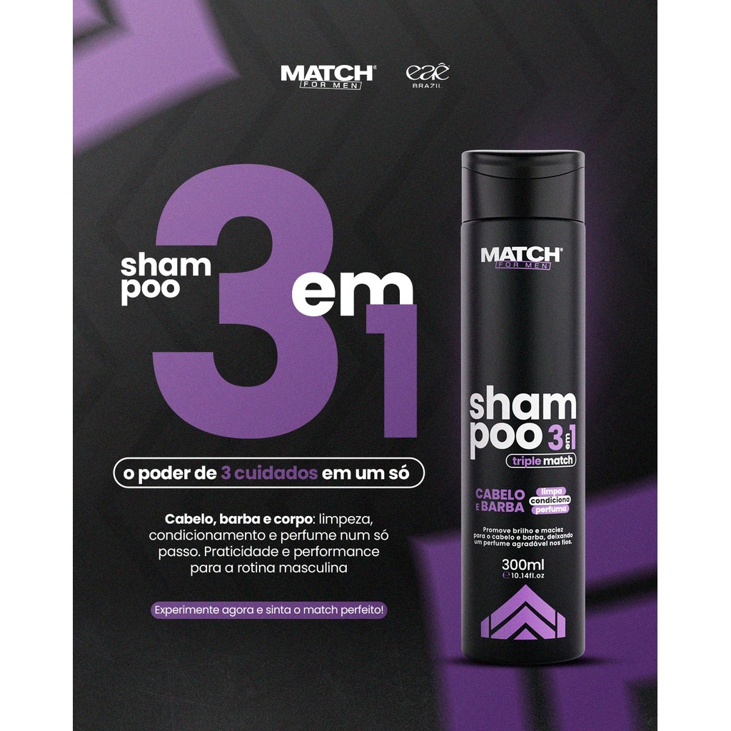 Shampoo 3 em 1 Não Resseca Os Fios 300ml Cabelo e Barba Limpa, Condiciona E Perfuma Match ForMen em Oferta na Shopee