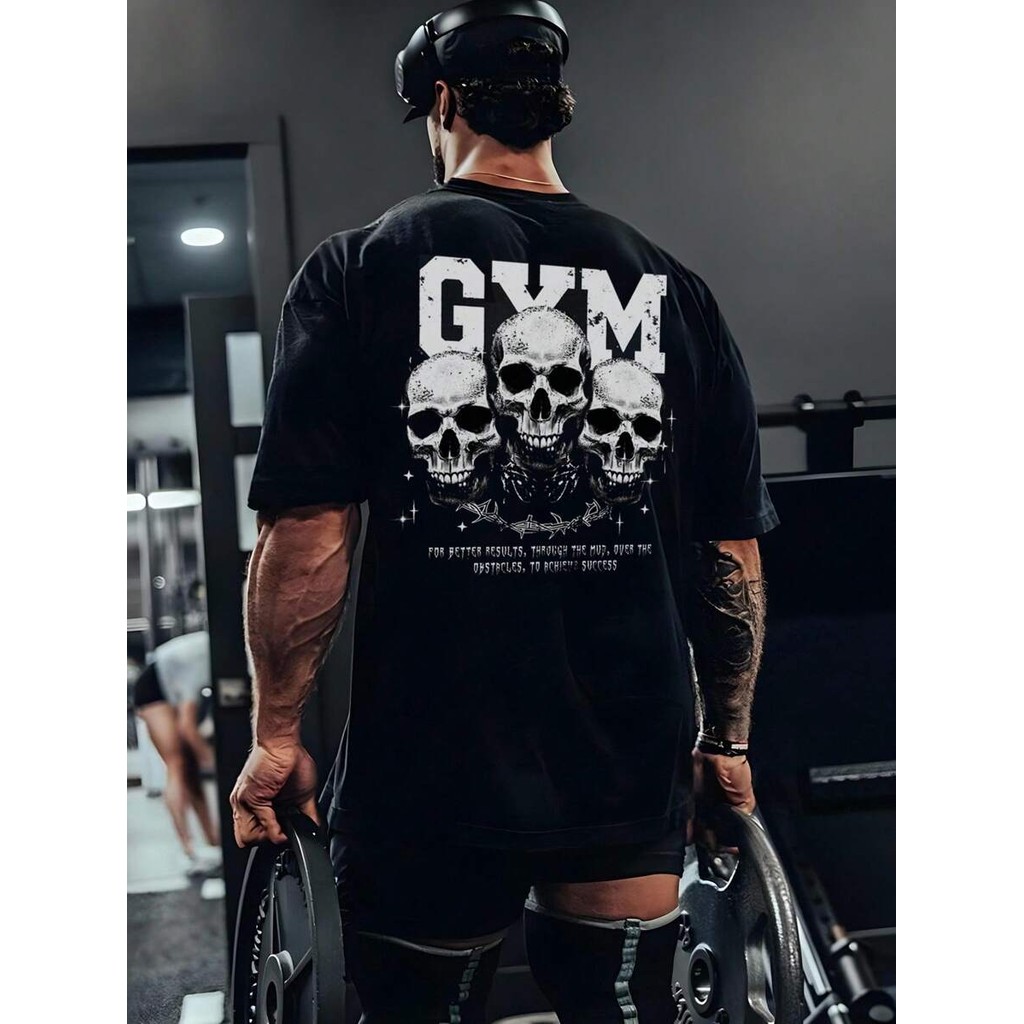 Camiseta Esportiva de Manga Curta Casual Masculina com Impressão de Caveira academia treino