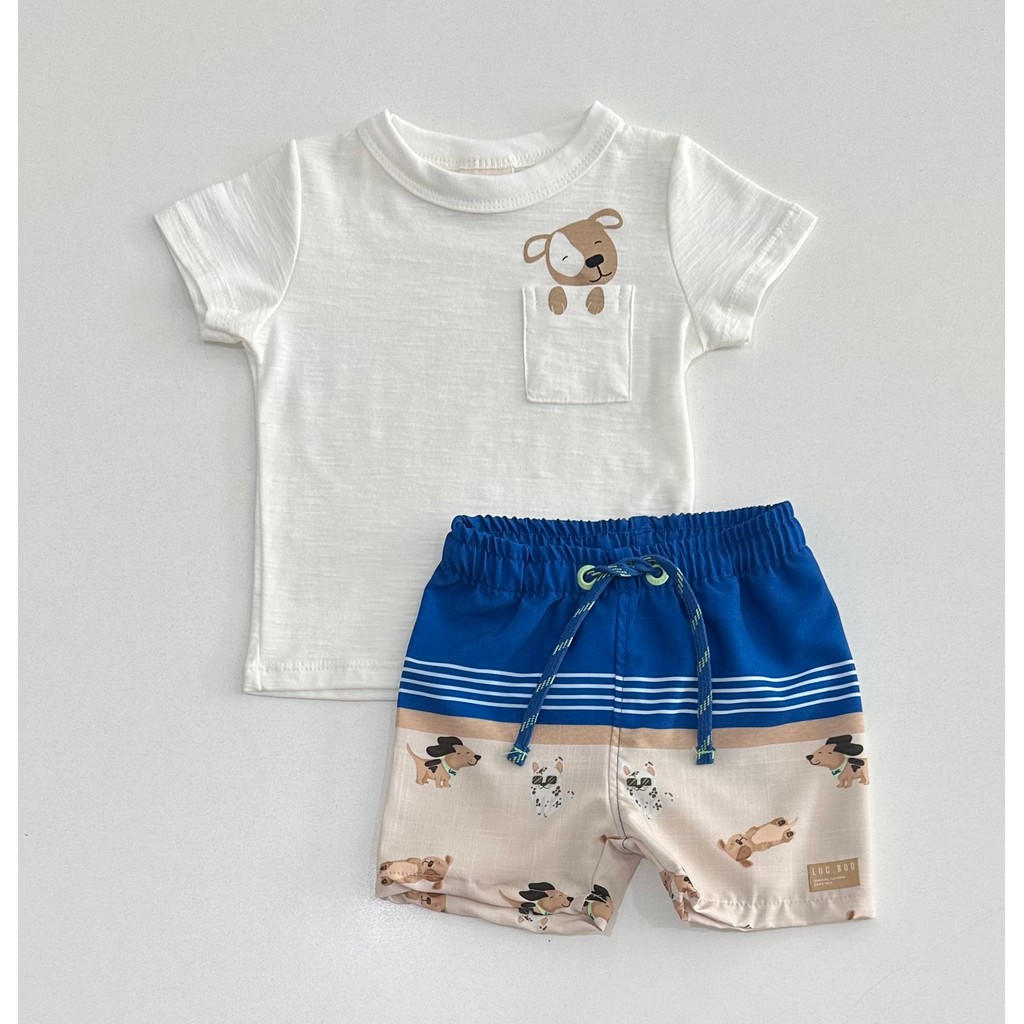 Conjunto G/3 Luc.Boo Camiseta Branca Cachorrinho e Bermuda Azul