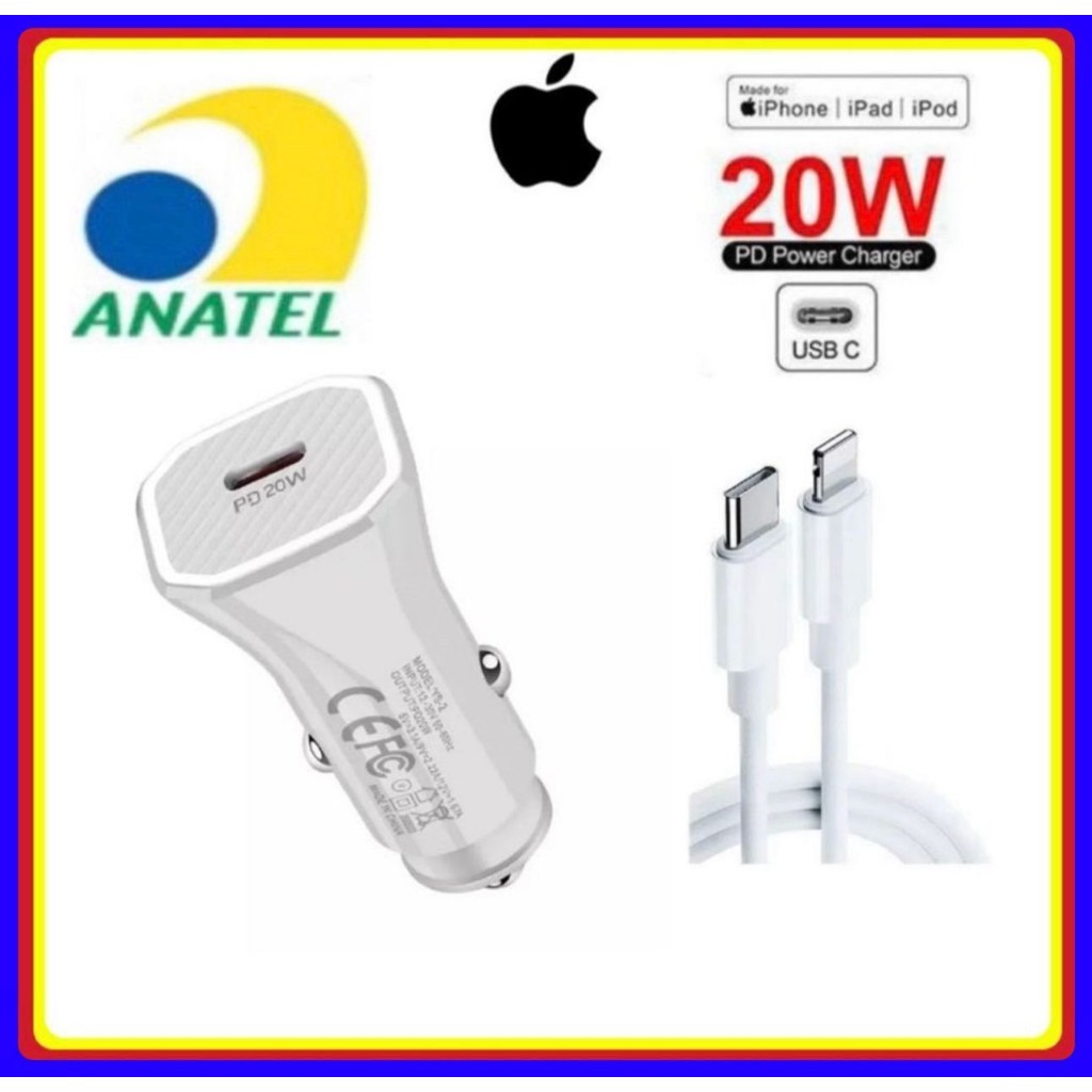 Carregador Veicular de iPhone Turbo 20w Apple -Carregador de carro PD Tipo C Turbo X Lightning para iPhones