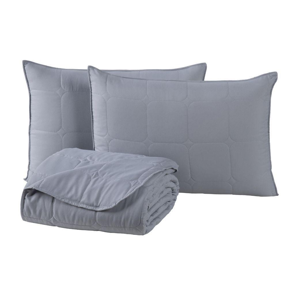 Kit Cobre Leito Colcha Speciale Casal Matelado Toque Acetinado 400 Fios 3 Peças Cinza - 100% Poliéster