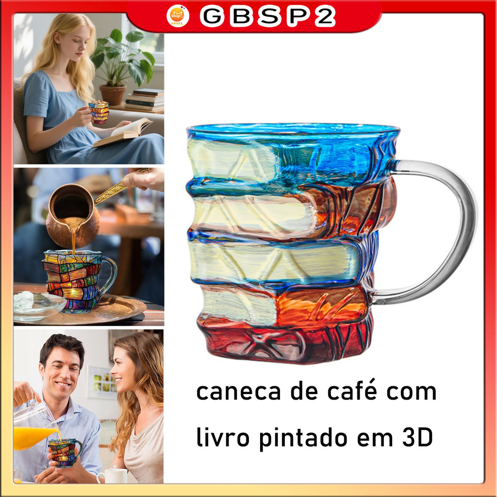 caneca de café com livro pintado em 3D Vidro Canecas De Café Para Amantes De Livros Presentes Mulheres Exclusivas em Oferta na Shopee