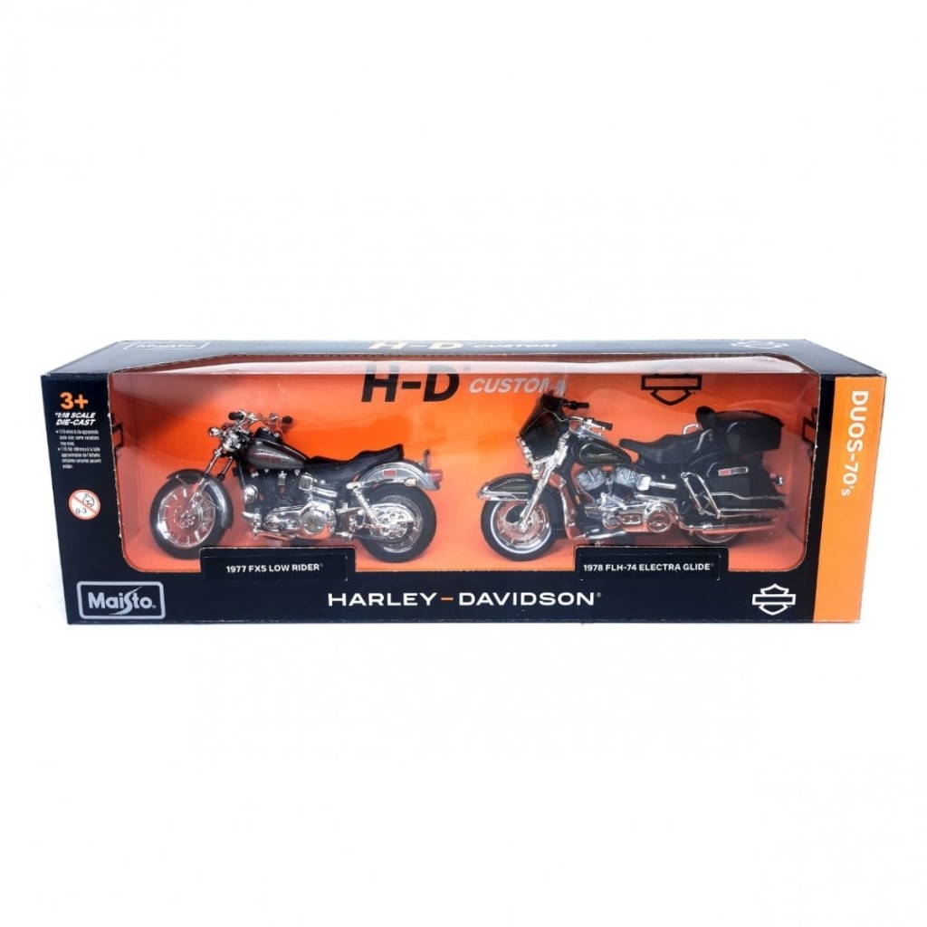 Pack c/ 2 Motos Harley Davidson - Low Rider (1977) / Electra Glide FLH-74 (1978) - H-D Custom Duos 70's - 1:18 - Maisto