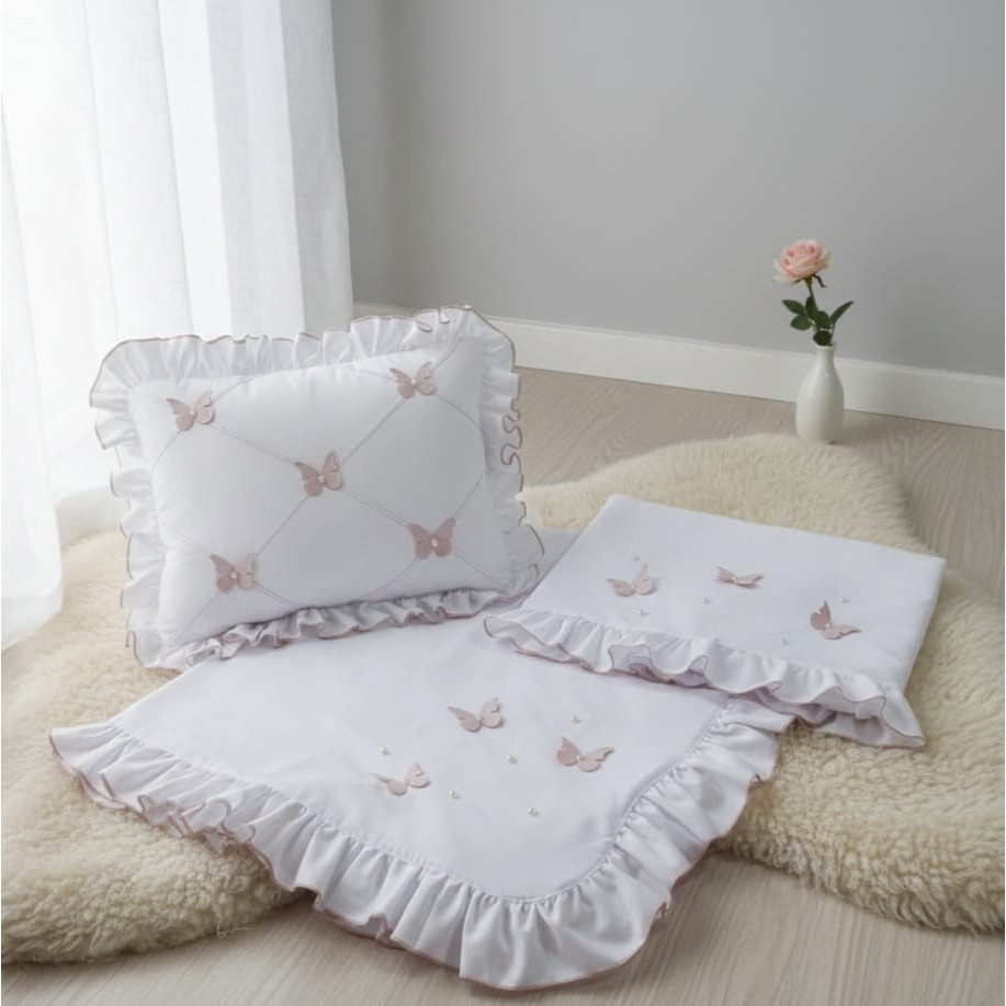 Kit Leito Maternidade 3 peças Borboletinhas de asa rose com pérolas