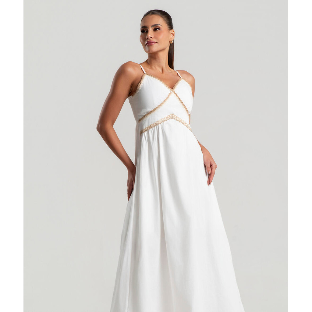 Vestido Longo Alfaiataria Alças Finas E Renda  Salvatore