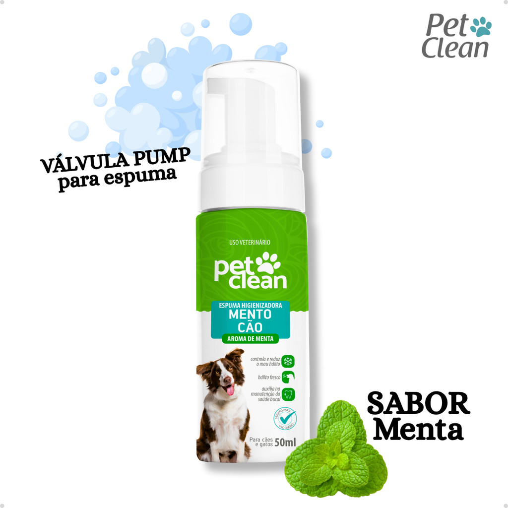 Espuma Higienizadora Higiene Bucal Contra Mau Hálito Mentocão 50 ml Sabor Menta para Cachorro e Gato