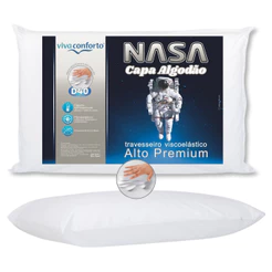 Travesseiro Nasa Alto Viva Conforto Viscoelástico Capa Percal 100% Algodão Altura 14cm Antialérgico