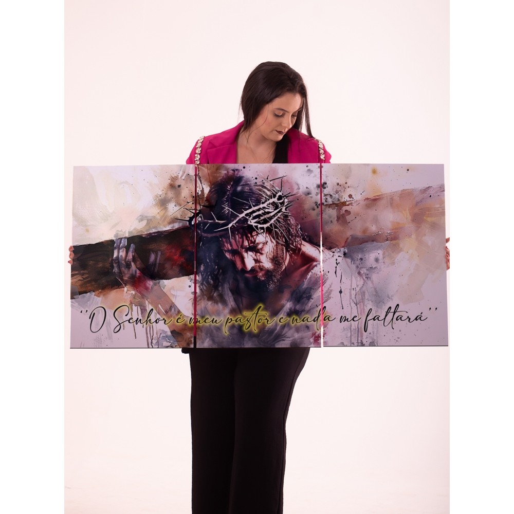 Quadro Decorativo Religioso Jesus Cristo Carregando a Cruz 3 Peças Arte Sacra Versículo Salmo 23