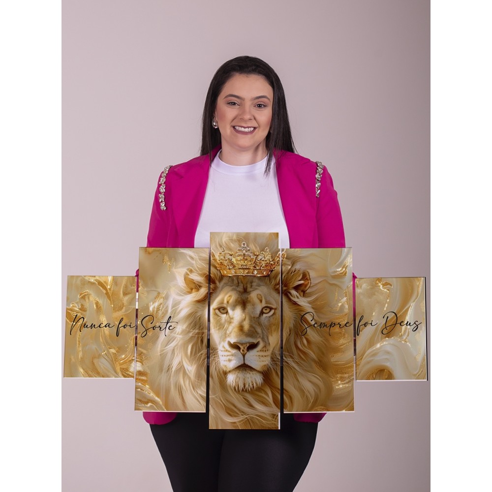 Quadro Decorativo Leão Coroado 5 Peças Sala Quarto Escritório Luxo Moderno Fé Força Deus