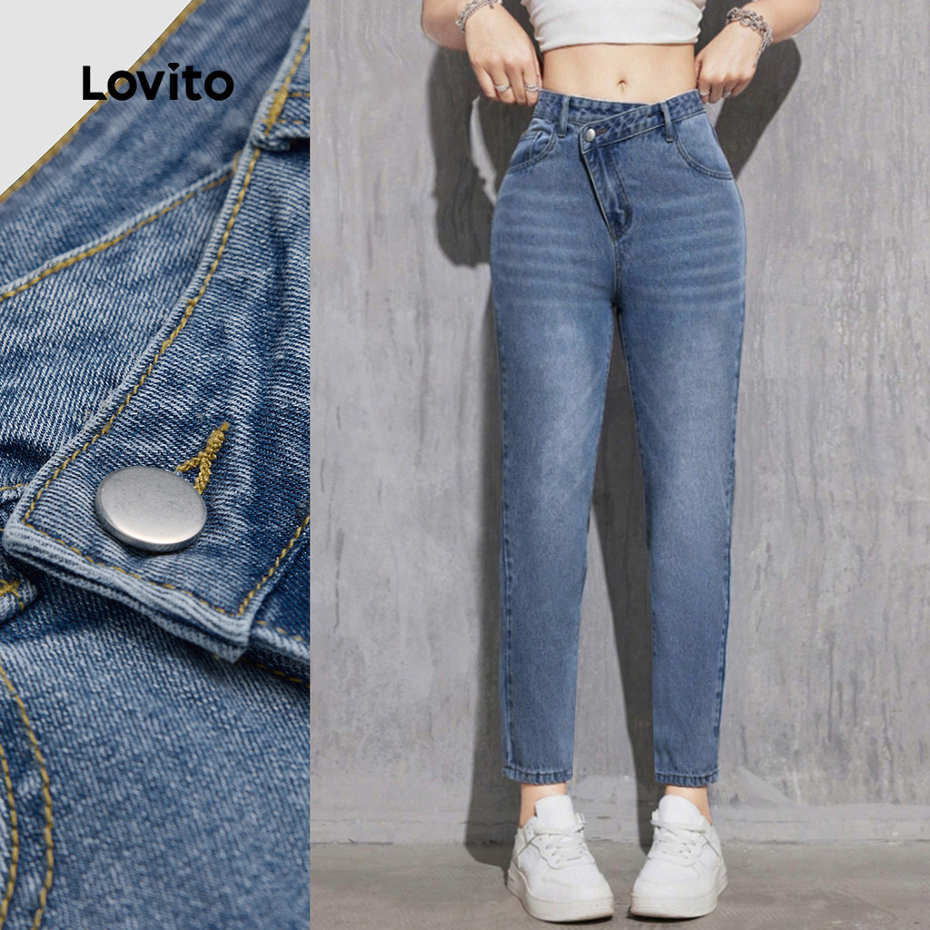 (NEW) Lovito Jeans Casuais de Botão Todos Os Estações Jeans Azuis para Mulheres L155AD272