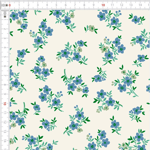 Tecido Tricoline Estampado Flores do Outono Azul e Branco Composição Corte Costura Artesanato Patch