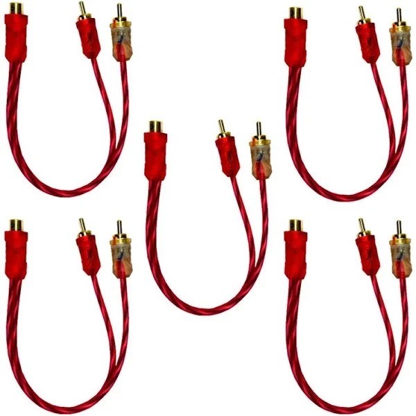 Kit 5 Cabos RCA Y 1 Fêmea + 2 Machos Injetado Flexível para Som Automotivo