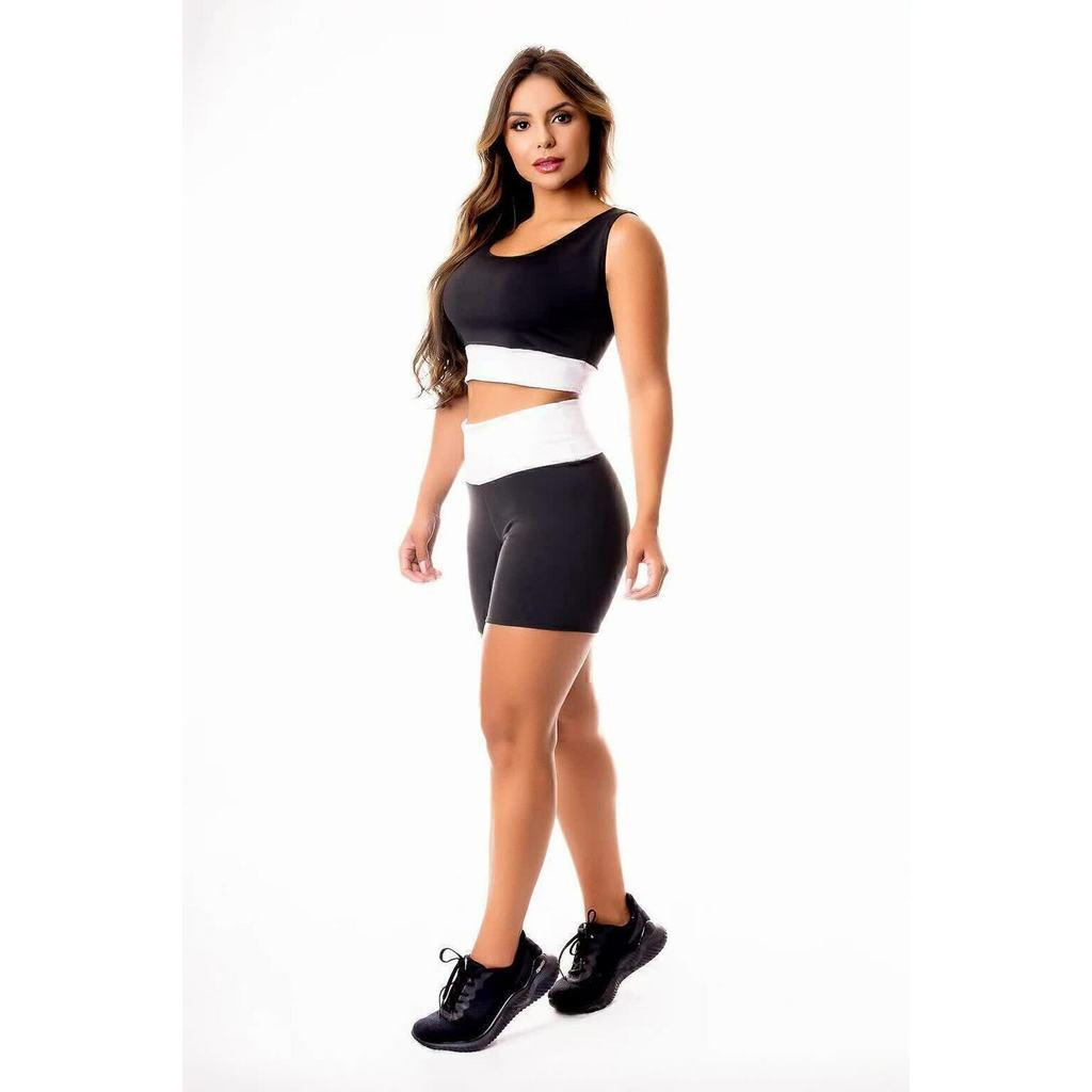 Conjunto Fitness Feminino Short Preto com Branco Cintura Alta e Cropped Regata Academia | REF: CSV18