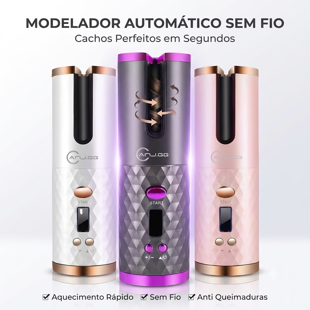 Modelador de Cachos Automático Sem Fio USB Recarregável LCD Cerâmica Profissional