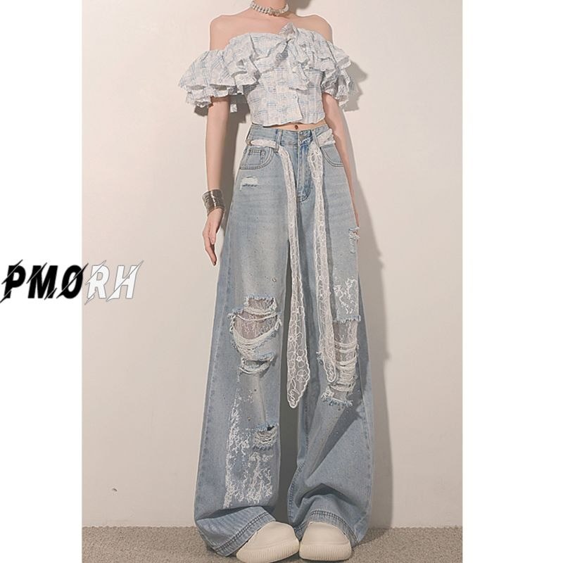 Jeans de perna larga feminino 2025 cintura alta renda rasgado solto mais magro olhar Drape calças de perna reta chinelos