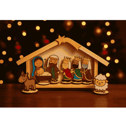 Presepio Jesus Maria Jose Reis Magos Casa Madeira Decorado Delicado Sofisticado Natal Decoração Casa