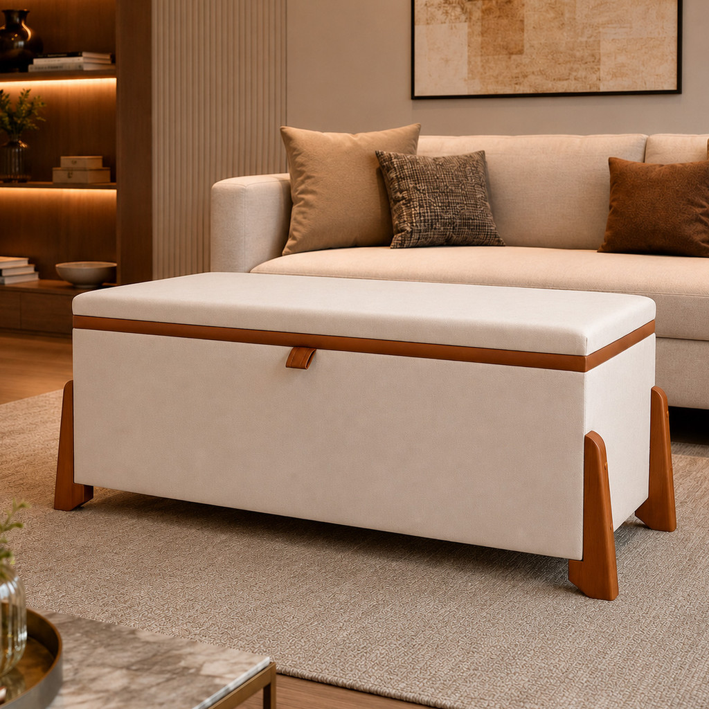 Recamier Puf Baú Luxo Sala Banco Estofado Organizador Pés Madeira Nicho Multiuso Sapateira Closet