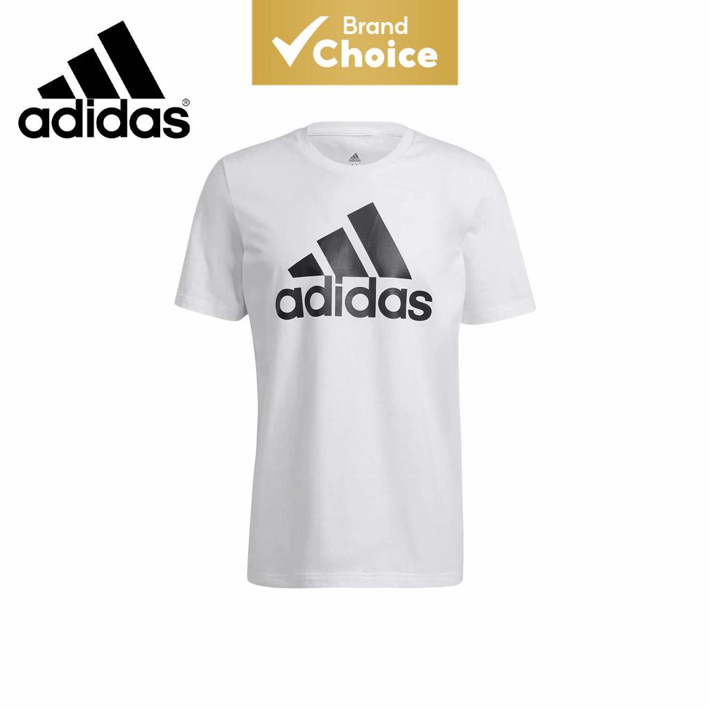 Camiseta masculina Adidas com estampa da marca no pescoço redondo, manga curta, branca