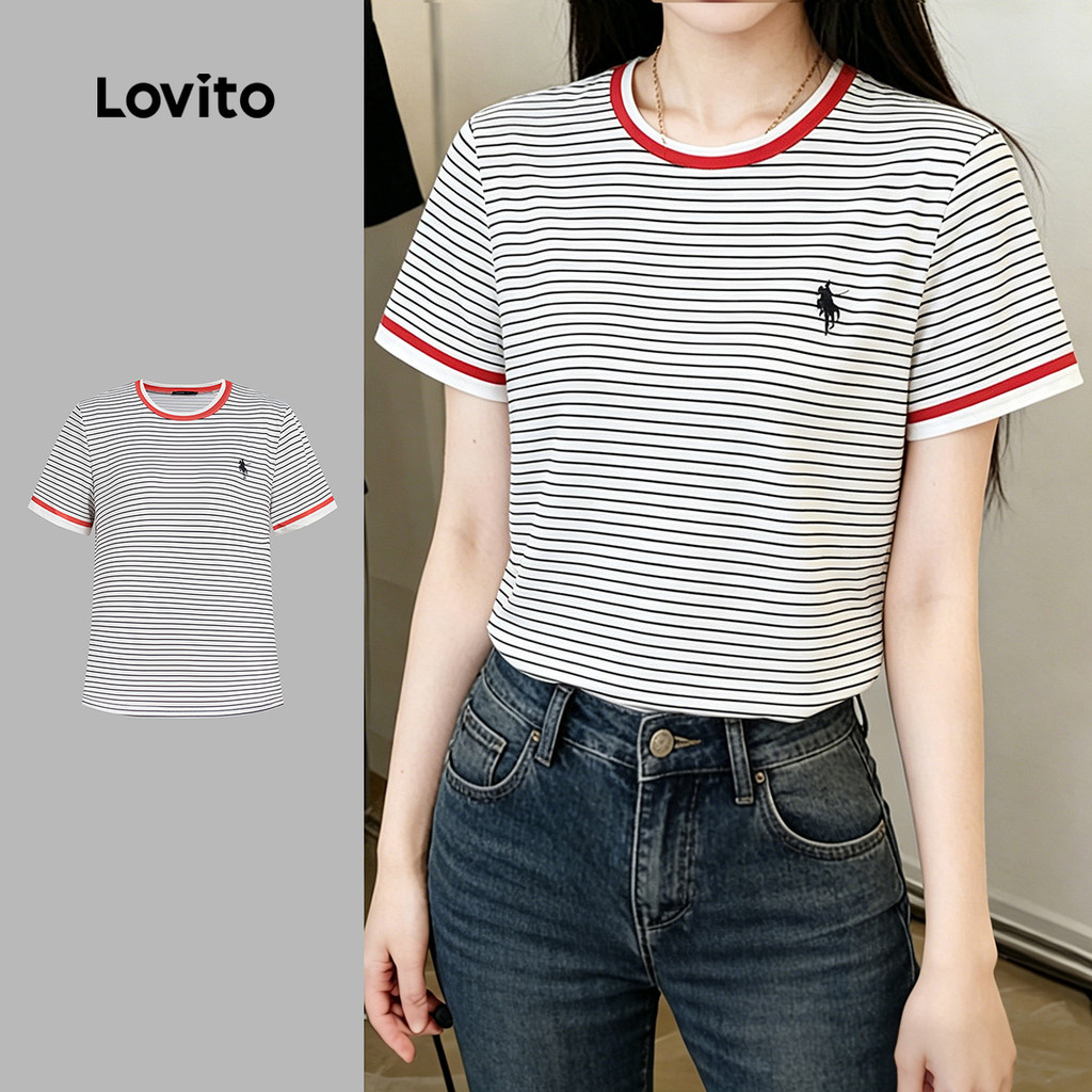 Lovito Casual Camiseta Colorblock Padrão Primavera/verão Camiseta para Mulheres LK4ED2333