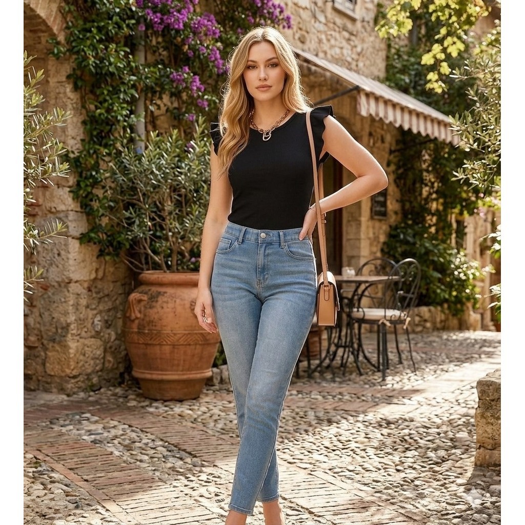 blusa feminina canelada manga curta babado gola rasa perfeito corpo top tendencia