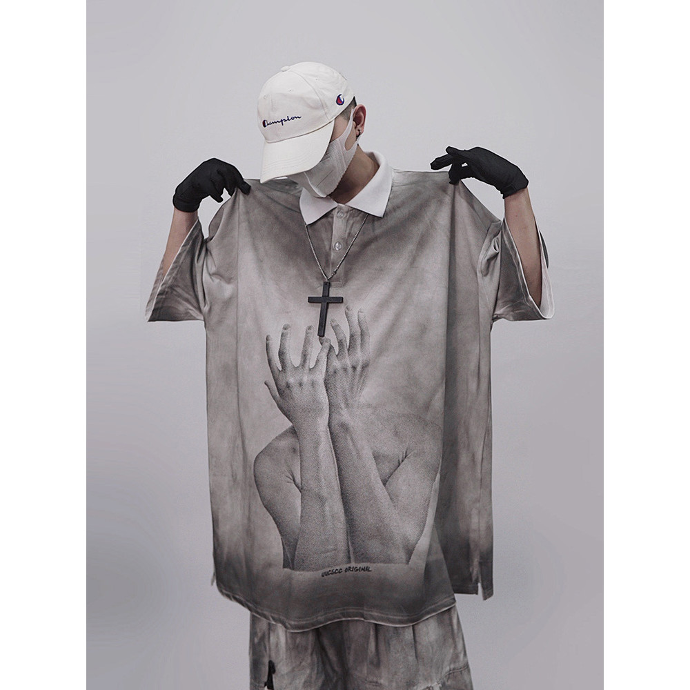 UUCSCC street Wear High street lama tingido angustiado gola POLO camiseta de manga curta Hip-Hop solto Retro vintage met